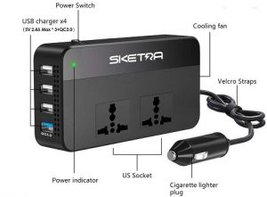 Sketra 200W Car Inverter with Fast Charge USB 1, 2.4, 3 and 2 AC Ports